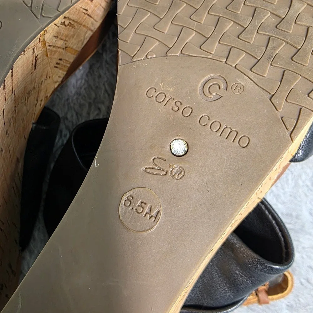 Corso Como Wedge Sandal Black‎ Buttery Leather Cork High  Women 6.5M Excellent